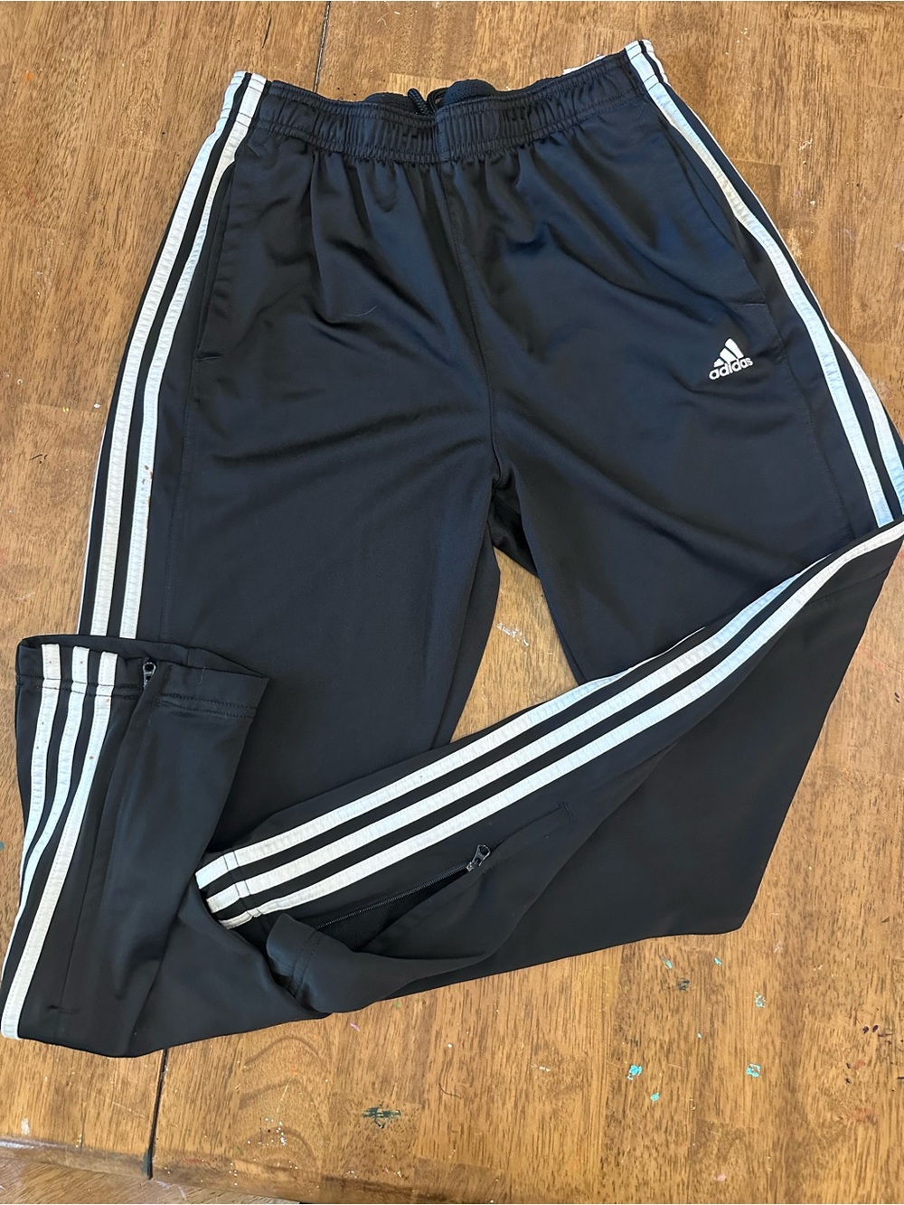 Adidas Black and White Three-Stripe Track Pants with Zippered Ankles